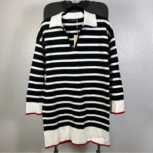 Dokotoo Black and White Striped Women's Polo V Neck Sweater Dress Size M Stretch